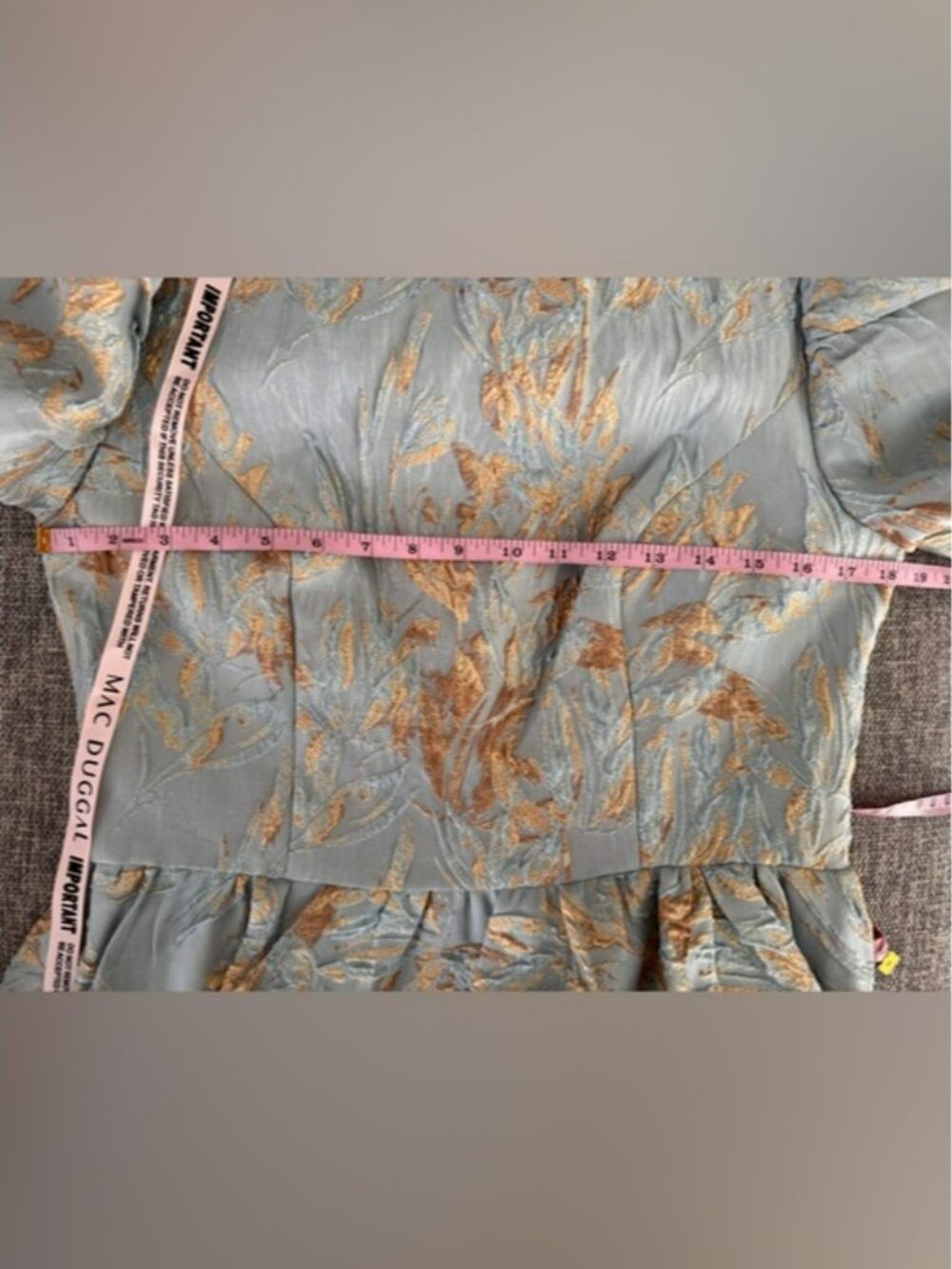 Mac Duggal Light Blue and Gold Puff-Sleeve High-Low Jacquard Gown #11608 Sz: 10 - Picture 6 of 12